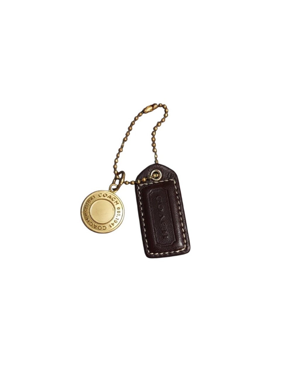 Coach Brown Leather Hangtag & Charm Set With Brass Chain Measures 2" X 1"